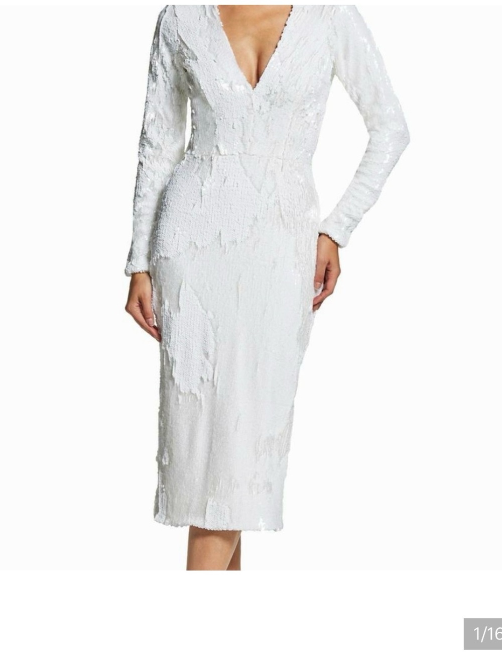 Dress the Population White Long Sleeve V-Neck Sequin Midi Dress